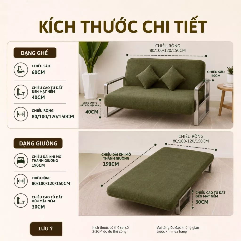 TAHOU Ghế Sofa Giường Gấp Gọn 2in1 Khung Inox Bền Bỉ , Nệm Chính Phẩm Hạn Chế Xẹp Lún - Ảnh 5