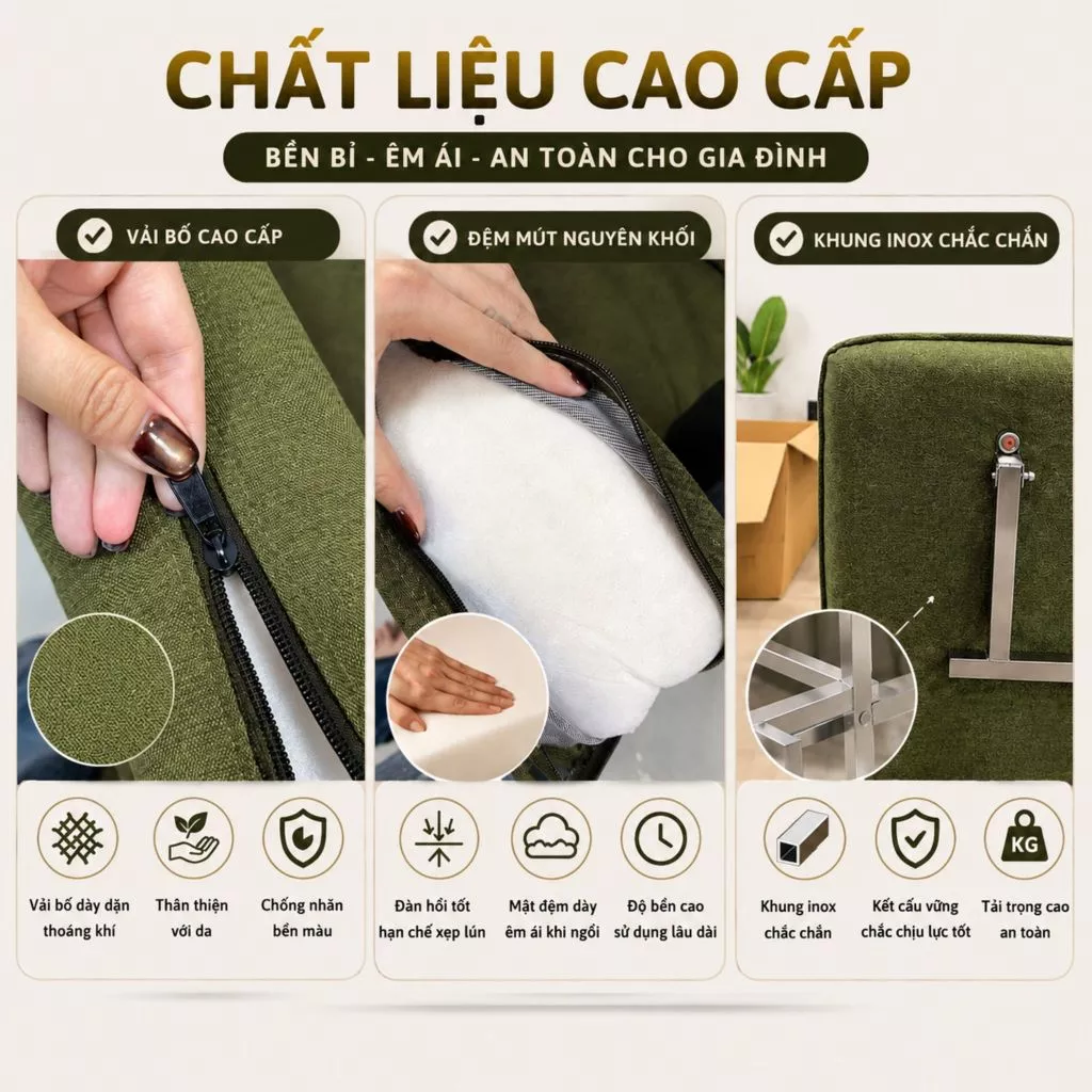 TAHOU Ghế Sofa Giường Gấp Gọn 2in1 Khung Inox Bền Bỉ , Nệm Chính Phẩm Hạn Chế Xẹp Lún - Ảnh 4